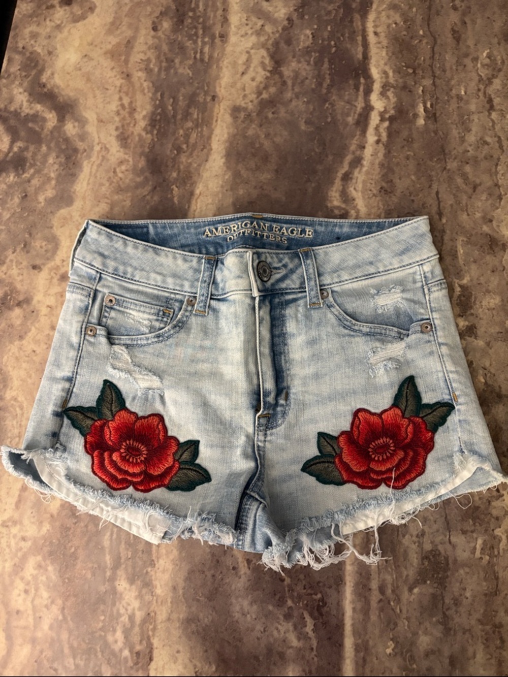 American Eagle Outfitters Light Blue Denim Shorts with Red Rose Patches